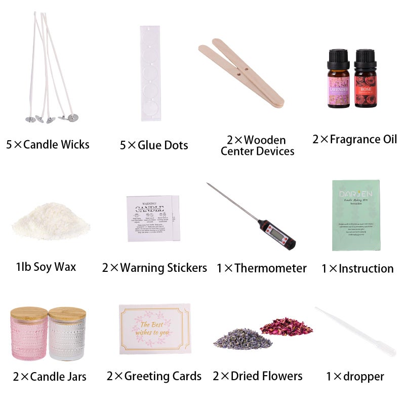 DARJEN Candle Making Kits for Beginners, DIY Starter Scented Candles Making Kit - 2 Glass Jars(Clear, Pink), Soy Wax, Scented, Card & More, Full Soy Candle Making Supplies Set Perfect Gifts - Image 2