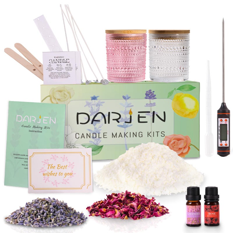 DARJEN Candle Making Kits for Beginners, DIY Starter Scented Candles Making Kit - 2 Glass Jars(Clear, Pink), Soy Wax, Scented, Card & More, Full Soy Candle Making Supplies Set Perfect Gifts - Image 1