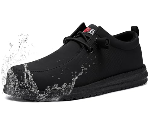 LARNMERN Slip On Steel Toe Shoes Men Lightweight Comfortable Lounging Walking Sneakers Safety Work Steel Toe Loafers (10 Men, Black Leather) - Image 1