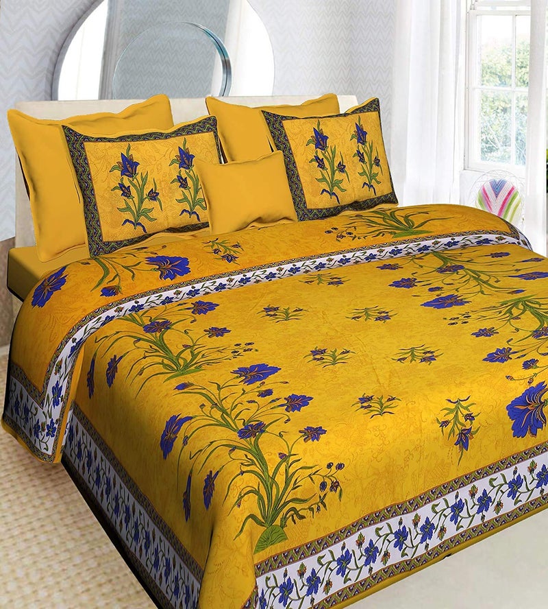 Ealth Kart Cotton Comfort 151 TC Rajasthani Jaipuri Traditional King Size 1 Double Bedsheet with 2 Pillow Covers - Yellow, Queen - Image 5