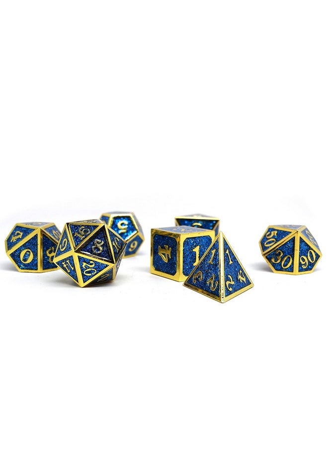 Easy Roller Dice Co. Heroic Dice of Metallic Luster - 7 Piece Metal Polyhedral Dice Collection (Blue with Gold Font)  - Image 4