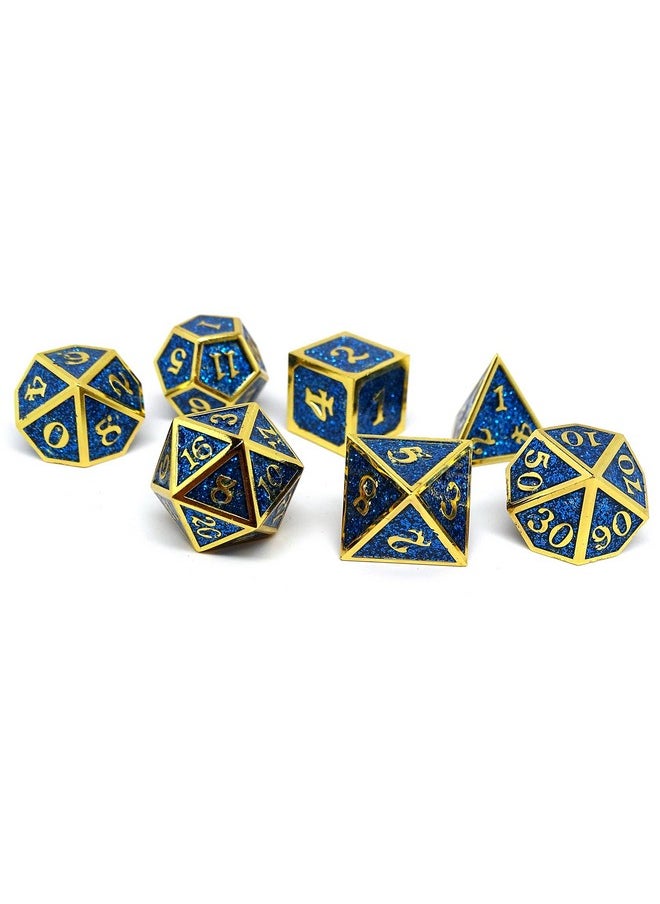 Easy Roller Dice Co. Heroic Dice of Metallic Luster - 7 Piece Metal Polyhedral Dice Collection (Blue with Gold Font)  - Image 1