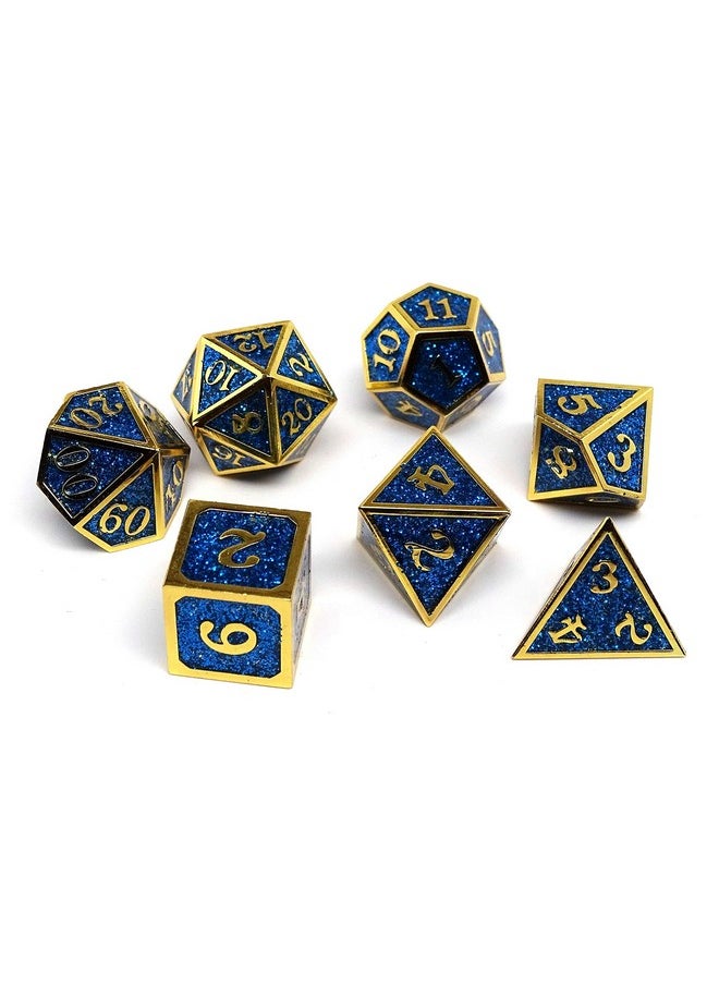 Easy Roller Dice Co. Heroic Dice of Metallic Luster - 7 Piece Metal Polyhedral Dice Collection (Blue with Gold Font)  - Image 3