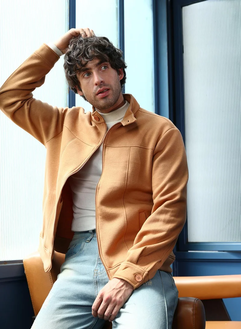 Men Panel-Stitch Knit Jacket | Band Collar, Long Button-Cuff Sleeves | Zipper , Ribbed-Straight Hem | Solid Plain | Knitted Fabric For Casual & Daily Wear | Rust Orange