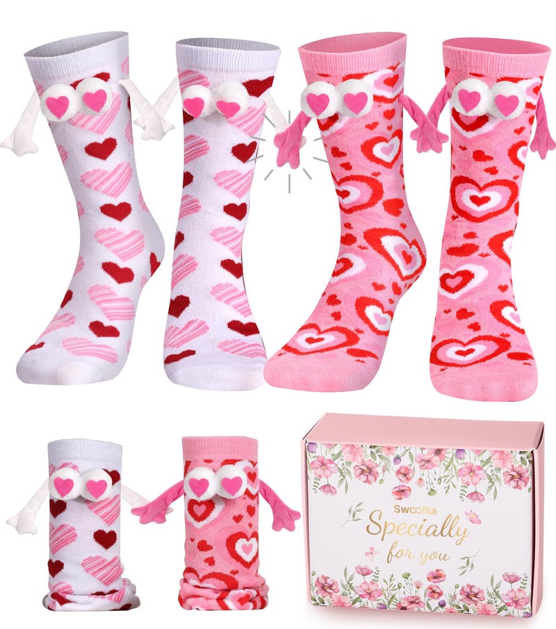 Swooflia 2 Pairs Valentine's Day Friends Socks Set - Sweet Pink & White Heart Patterns - Image 1