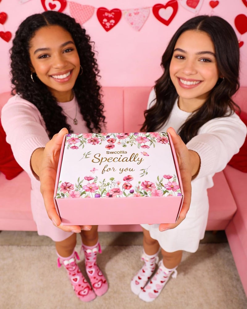 Swooflia 2 Pairs Valentine's Day Friends Socks Set - Sweet Pink & White Heart Patterns - Image 3