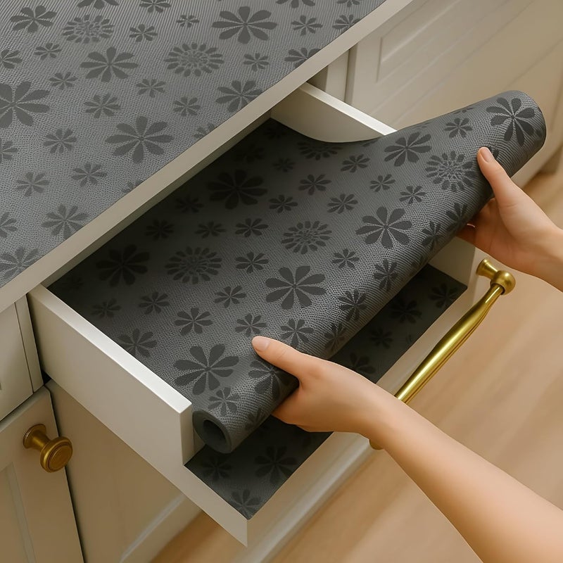 SUBETE Anti-Slip Waterproof Kitchen Drawer Liner | Non-Adhesive Shelf & Cabinet Mats | Anti-Skid Liner for Wardrobe, Cupboard, and Fridge | 45 cm x 300 cm (Floral Grey Pattern) - Image 1