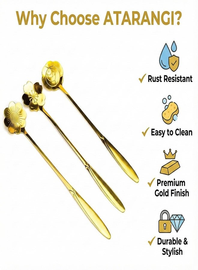 ATARANGI Gold Coffee Spoon Set of 4 | Stainless Steel Decorative Dessert Spoons | Flower & Heart Design Cutlery for Tea, Coffee, Ice Cream, Cakes & Gifting - Image 3