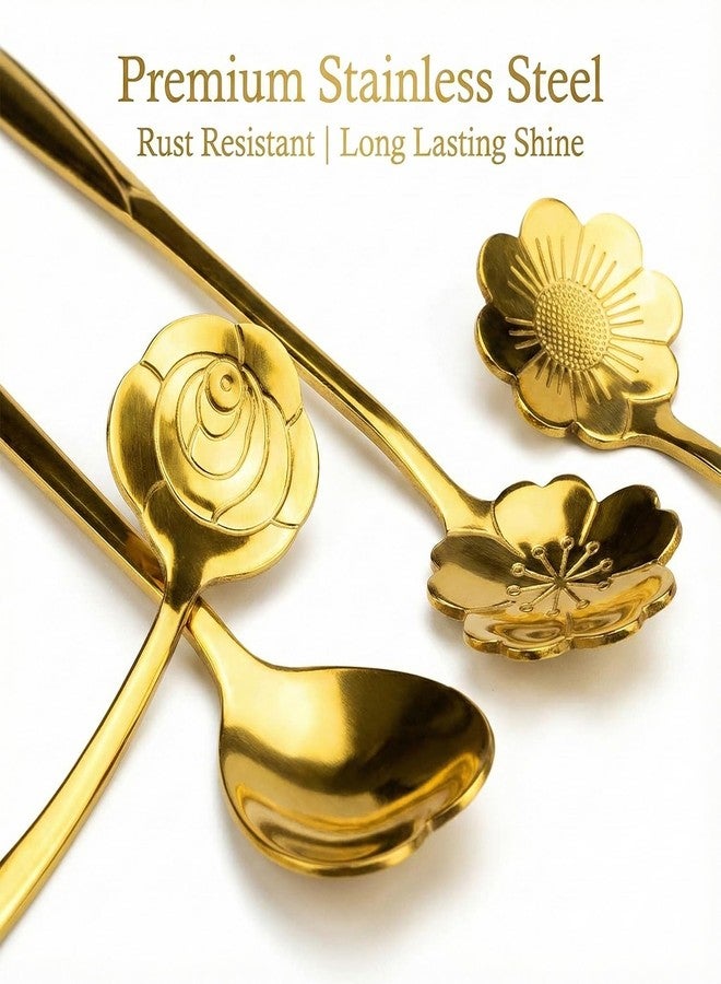 ATARANGI Gold Coffee Spoon Set of 4 | Stainless Steel Decorative Dessert Spoons | Flower & Heart Design Cutlery for Tea, Coffee, Ice Cream, Cakes & Gifting - Image 4