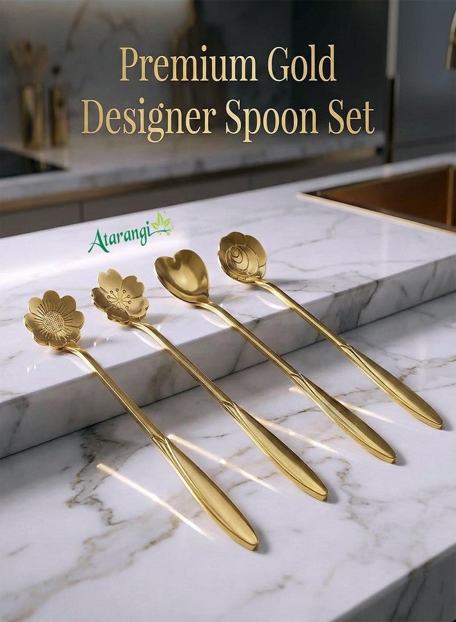ATARANGI Gold Coffee Spoon Set of 4 | Stainless Steel Decorative Dessert Spoons | Flower & Heart Design Cutlery for Tea, Coffee, Ice Cream, Cakes & Gifting - Image 2