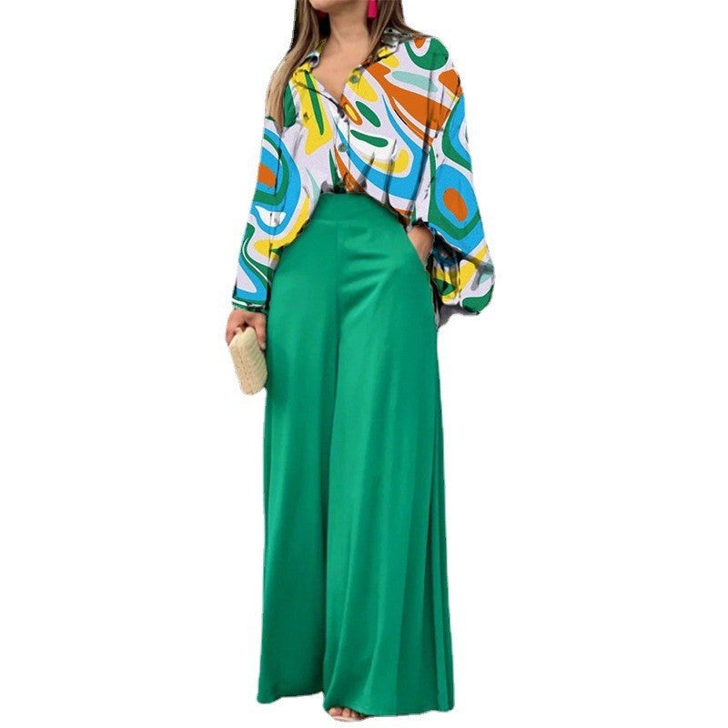 Loose Plus Size Casual Printed Shirt and Wide-Leg Pants Set ⑦ No. Color 