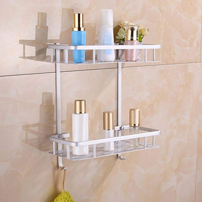 ADHESIVE BATHROOM SHELVESALUMINIUM 2 TIER SHOWER SHELF CADDY STORAGE ORGANIZER WALL MOUNTED SHELF BASKET SHOWER CADDY RACK WITH 2 HANGING HOOKS SILVER