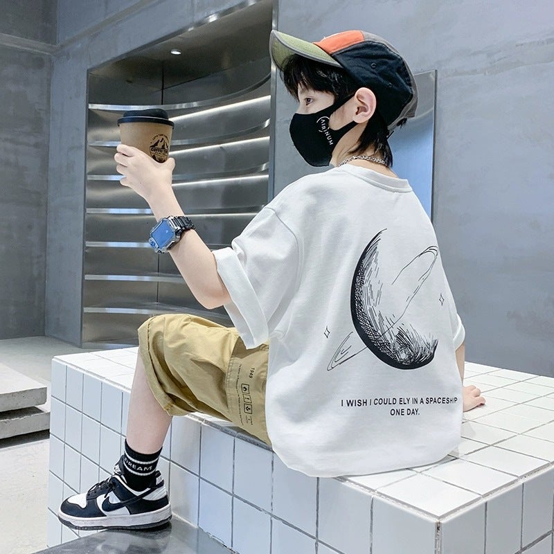 Boys Summer Short-Sleeved T-Shirt Trendy Pure Cotton Medium And Large Kidsren'S Clothing Summer Boys Half-Sleeved T-Shirt Top - Image 4