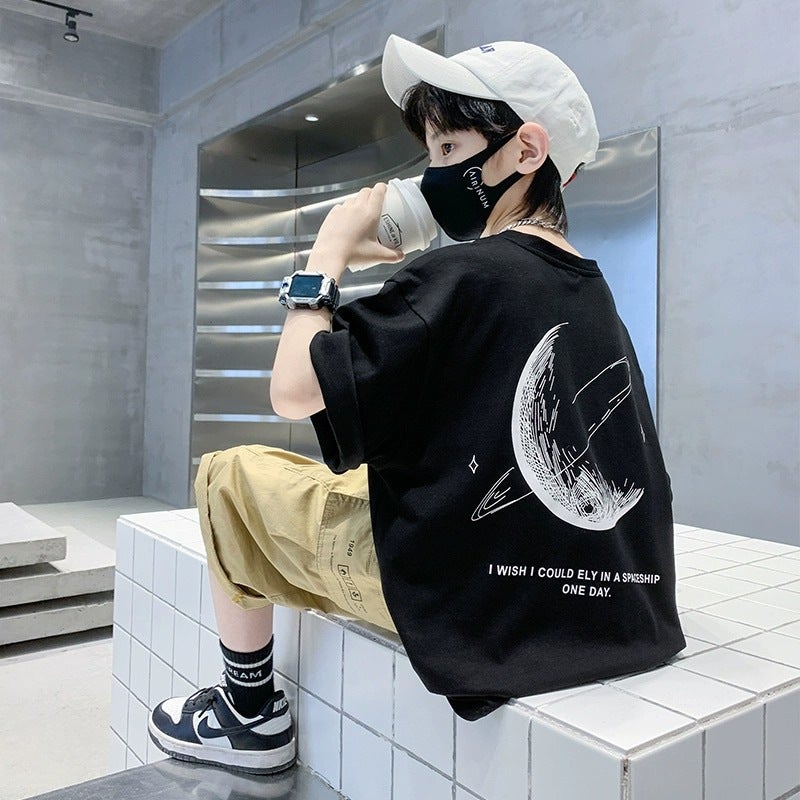 Boys Summer Short-Sleeved T-Shirt Trendy Pure Cotton Medium And Large Kidsren'S Clothing Summer Boys Half-Sleeved T-Shirt Top - Image 2