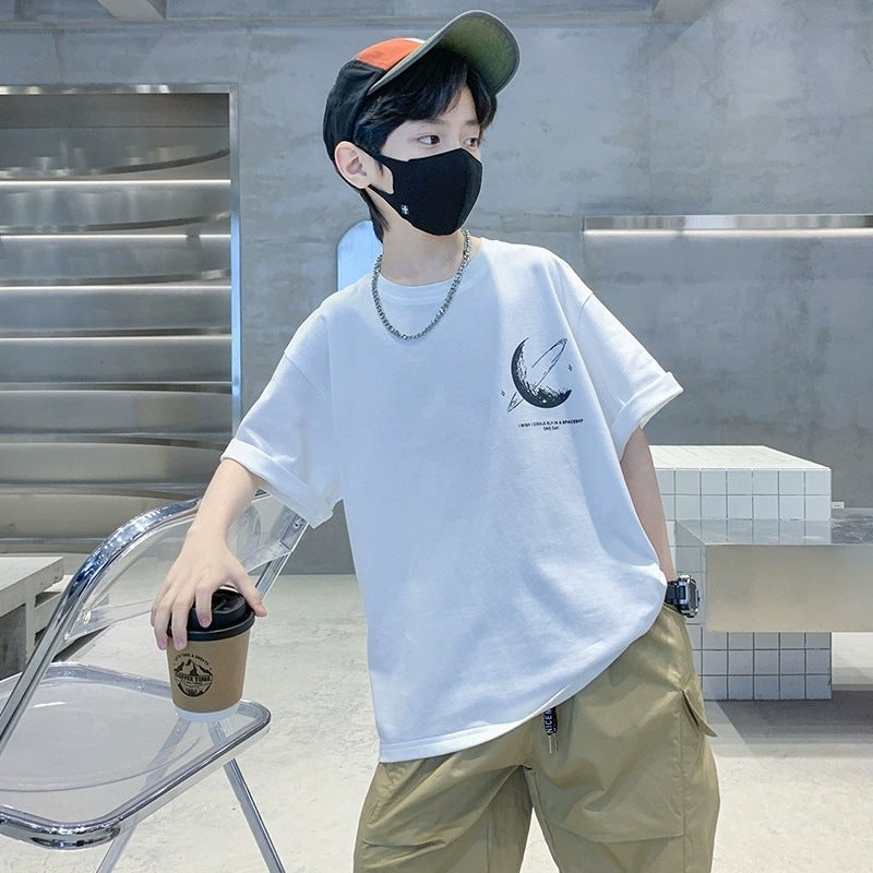 Boys Summer Short-Sleeved T-Shirt Trendy Pure Cotton Medium And Large Kidsren'S Clothing Summer Boys Half-Sleeved T-Shirt Top - Image 5