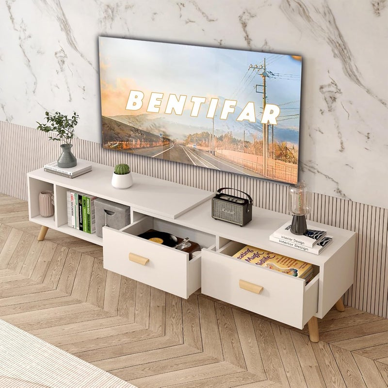 Bentifar Extendable TV Unit for 55–100 Inch TVs, Modern TV Cabinet with Drawers, TV Console Table & Open Shelves – White Entertainment Center for Living Room, Bedroom - Image 1