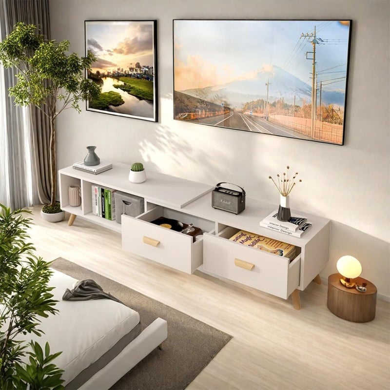 Bentifar Extendable TV Unit for 55–100 Inch TVs, Modern TV Cabinet with Drawers, TV Console Table & Open Shelves – White Entertainment Center for Living Room, Bedroom - Image 3