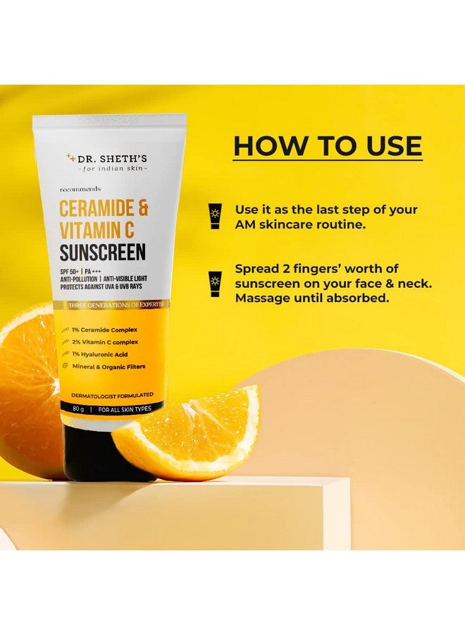 Dr. Sheth's واقي شمس السيراميد وفيتامين سي | مختبر سريرياً | SPF 50+ PA+++ | بشرة مشرقة، توهج صحي | غير دهني، سريع الامتصاص | لا أثر أبيض | حماية من UVA/B، الضوء الأزرق | للنساء والرجال | لجميع أنواع البشرة، 80غ - Image 4