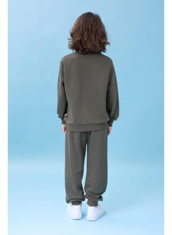 Perendi Boy's Bicycle Collar Print Seasonal Top and Bottom Set - Khaki.