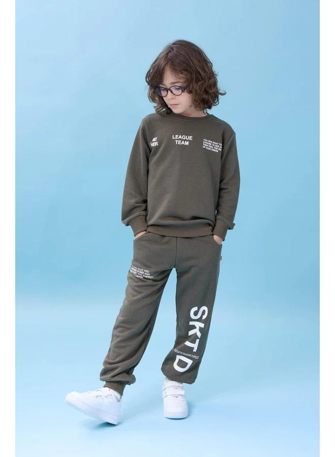 Perendi Boy's Bicycle Collar Print Seasonal Top and Bottom Set - Khaki.