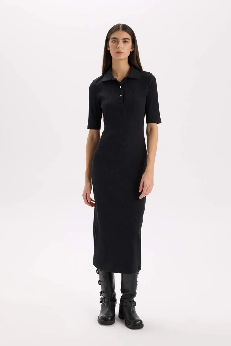 DeFacto Bodycon Polo Neck Ribbed Camisole Midi Dress