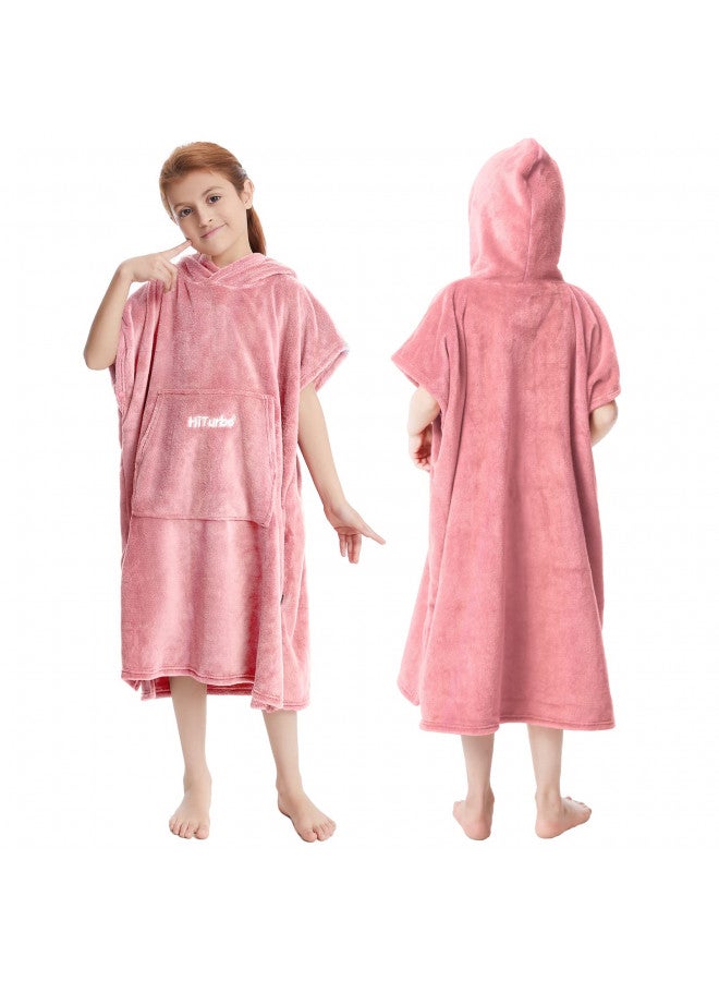 Hiturbo Hiturbo Kids Changing Robe, Fluffy Wearable Blanket, Warm Bath Towels, Soft Towel Hoodie, Swim Surf Poncho for 5-12 Years (Pink) - Image 1