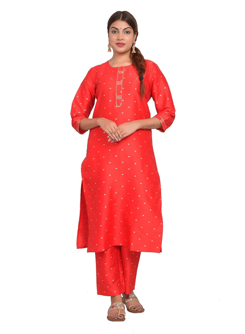 Riara Women Kurtis with Pant Indian Kurti Set Casual Wear  Art Silk (Taffeta Booty) Red Size XL  - Image 2