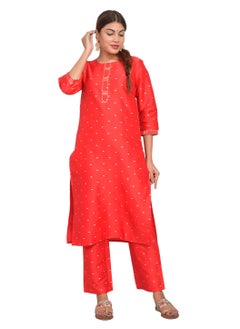 ريارا طقم كورتي هندي نسائي مع بنطلون، ملابس كاجوال من الحرير الصناعي (جزء علوي من التفتا) أحمر، مقاس XL  - Image 3