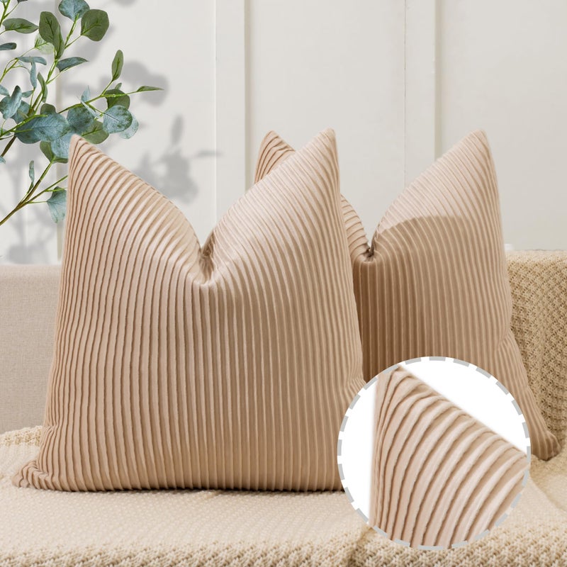 YCOLL Tan Pillow Covers 20x20 Set of 2 Velvet Striped Pattern - Soft Throw Pillows for Home Decor  Luxury Decorative Pillow Covers for Couch  Bed Living Room - Image 1
