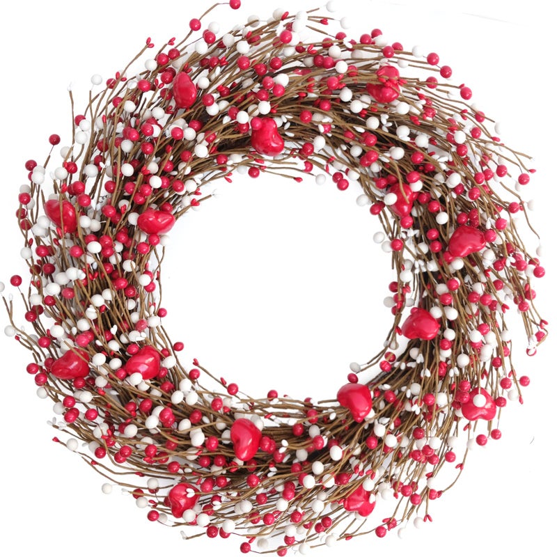 24 Inch Valentines Day Red and White Berries Wreath for Front Door Heart Shape Shiny Berries Wreath for Home Decor Wedding Red and White Wreaths for Indoor and Outdoor