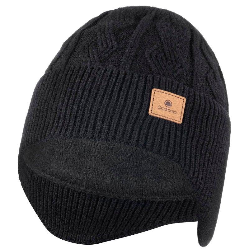 Ocatoma Winter Beanie with Earflap for Men Women Soft Warm Knit hat Fleece Lined Beanie Stocking Cap Outdoor Unisex Black - Image 1