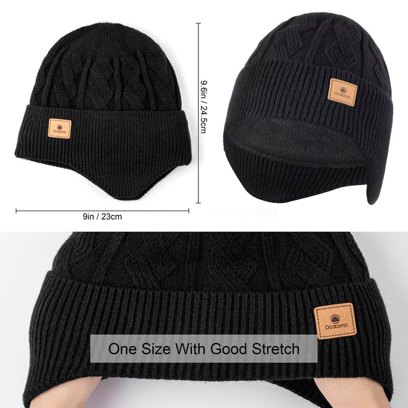 Ocatoma Winter Beanie with Earflap for Men Women Soft Warm Knit hat Fleece Lined Beanie Stocking Cap Outdoor Unisex Black - Image 2