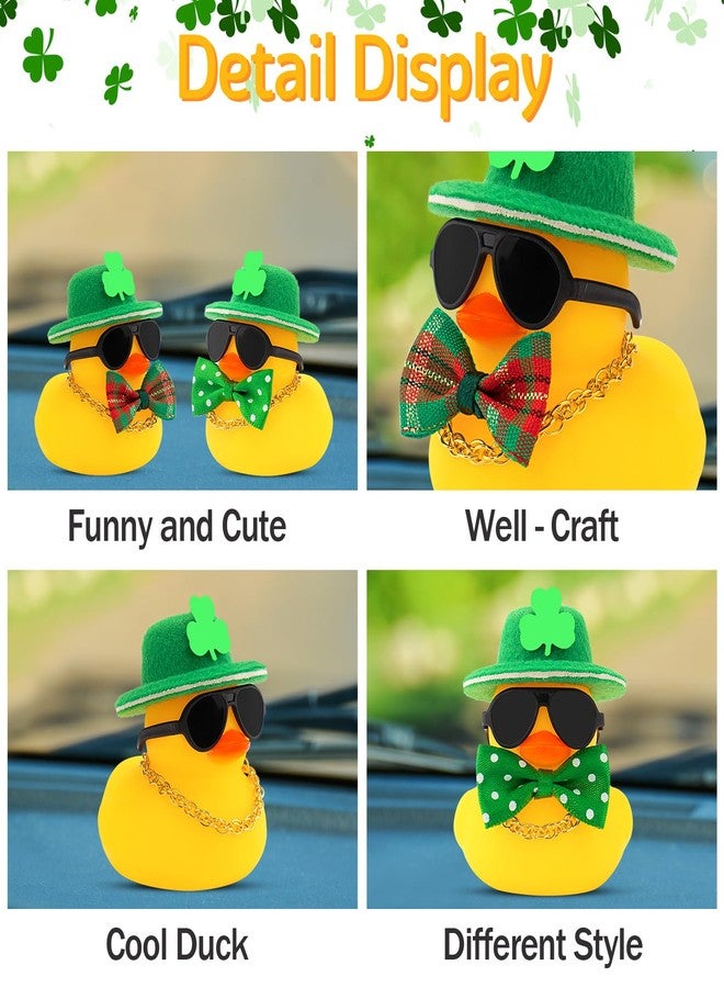 wonuu St. Patrick's Day Car Decorations Rubber Duck, Dashboard Green Shamrocks Hat Ducky for Car Ornament Accessories Ducks with Glasses, Chain (No Bow Tie) - Image 4