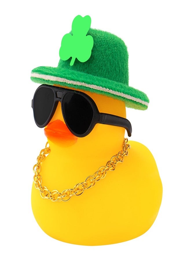 wonuu St. Patrick's Day Car Decorations Rubber Duck, Dashboard Green Shamrocks Hat Ducky for Car Ornament Accessories Ducks with Glasses, Chain (No Bow Tie) - Image 1