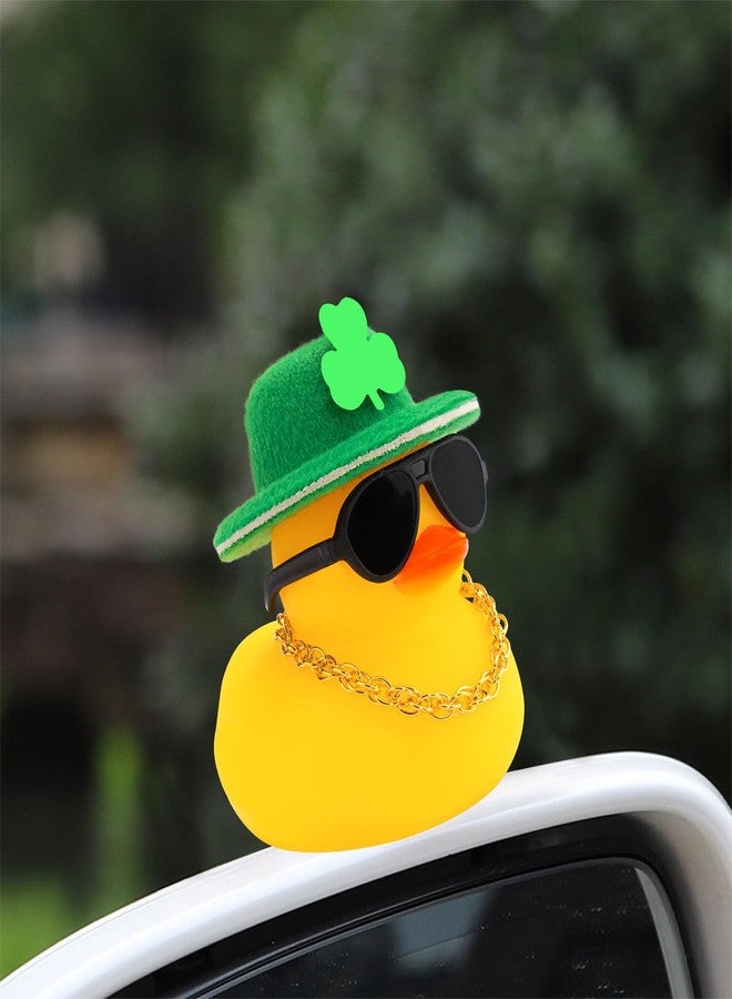 wonuu St. Patrick's Day Car Decorations Rubber Duck, Dashboard Green Shamrocks Hat Ducky for Car Ornament Accessories Ducks with Glasses, Chain (No Bow Tie) - Image 3