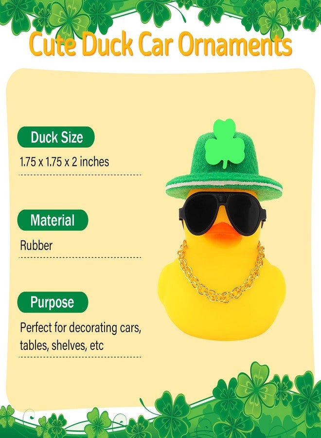 wonuu St. Patrick's Day Car Decorations Rubber Duck, Dashboard Green Shamrocks Hat Ducky for Car Ornament Accessories Ducks with Glasses, Chain (No Bow Tie) - Image 2