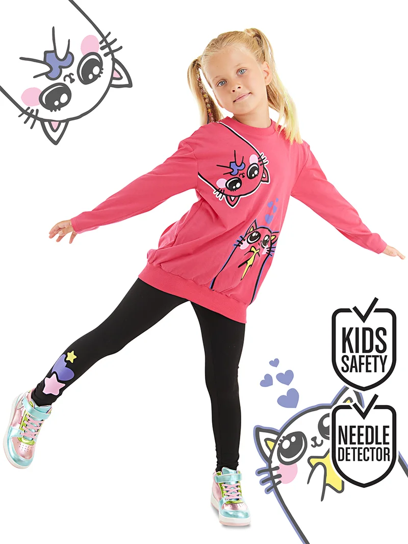 دينوكيدس طقم بناتي تي شيرت وسروال ضيق بتصميم قطتين توأم