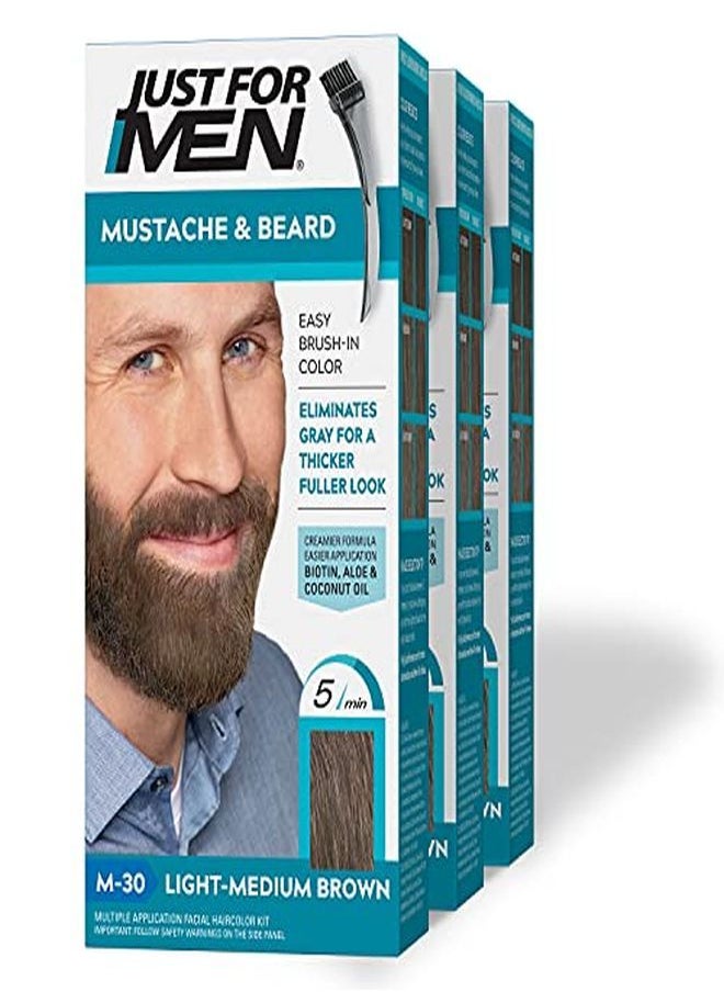 Just For Men شارب ولحية، تلوين اللحية للشعر الرمادي مع فرشاة مرفقة لسهولة الاستخدام، مع البيوتين والصبار وزيت جوز الهند لشعر وجه صحي - بني فاتح إلى متوسط، M-30، عبوة من 3 قطع  - Image 1