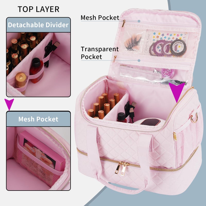 GR69N Nail Polish Organizer Case,Nail Storage Organizer Holds Nail Lamp & 50 Bottles Nail Polish,Travel Nail Tech Case,Nail Kit Organizer Bag Fits Nail Supplies & Manicure Tools,Pink (Patented) - Image 4