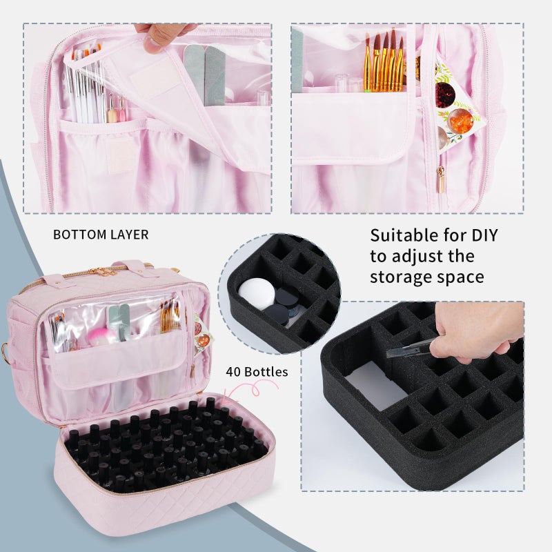 GR69N Nail Polish Organizer Case,Nail Storage Organizer Holds Nail Lamp & 50 Bottles Nail Polish,Travel Nail Tech Case,Nail Kit Organizer Bag Fits Nail Supplies & Manicure Tools,Pink (Patented) - Image 5