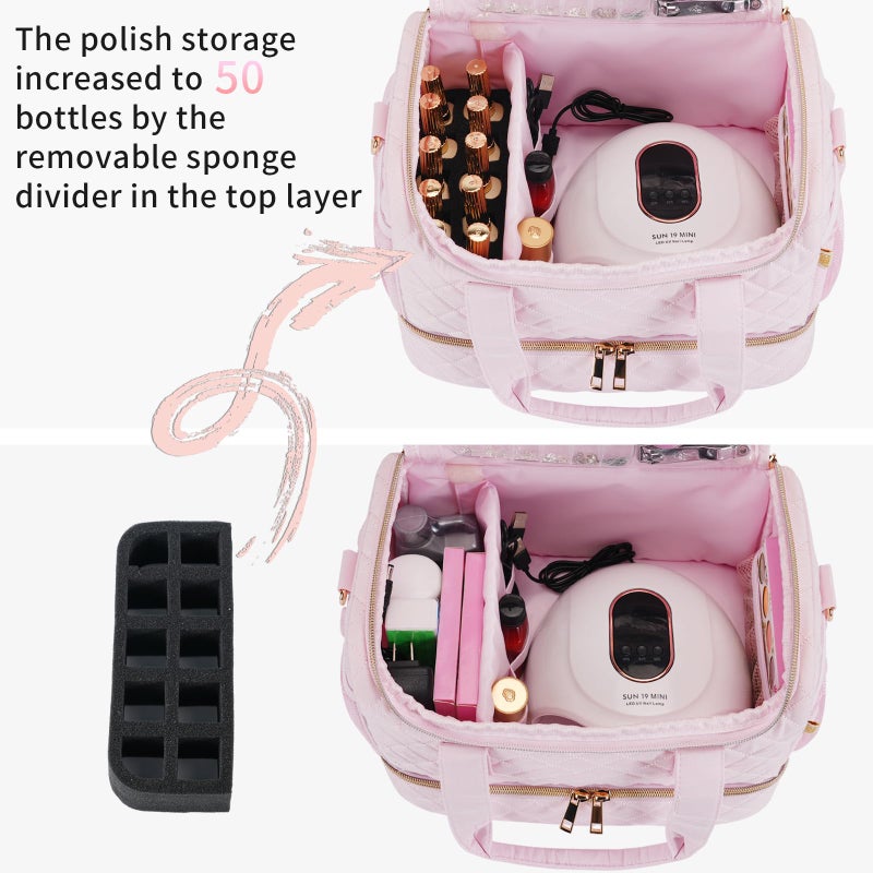 GR69N Nail Polish Organizer Case,Nail Storage Organizer Holds Nail Lamp & 50 Bottles Nail Polish,Travel Nail Tech Case,Nail Kit Organizer Bag Fits Nail Supplies & Manicure Tools,Pink (Patented) - Image 3