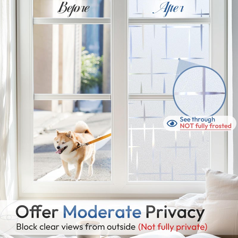 rabbitgoo Window Privacy Film Frosted Glass Window Film, Decorative Privacy Cling, UV Blocking Staic Cling Bathroom Glass Frosting Sticker, Non-Adhesive Front Door Cover, Cross Pattern, 17.5" x 78.7" - Image 3