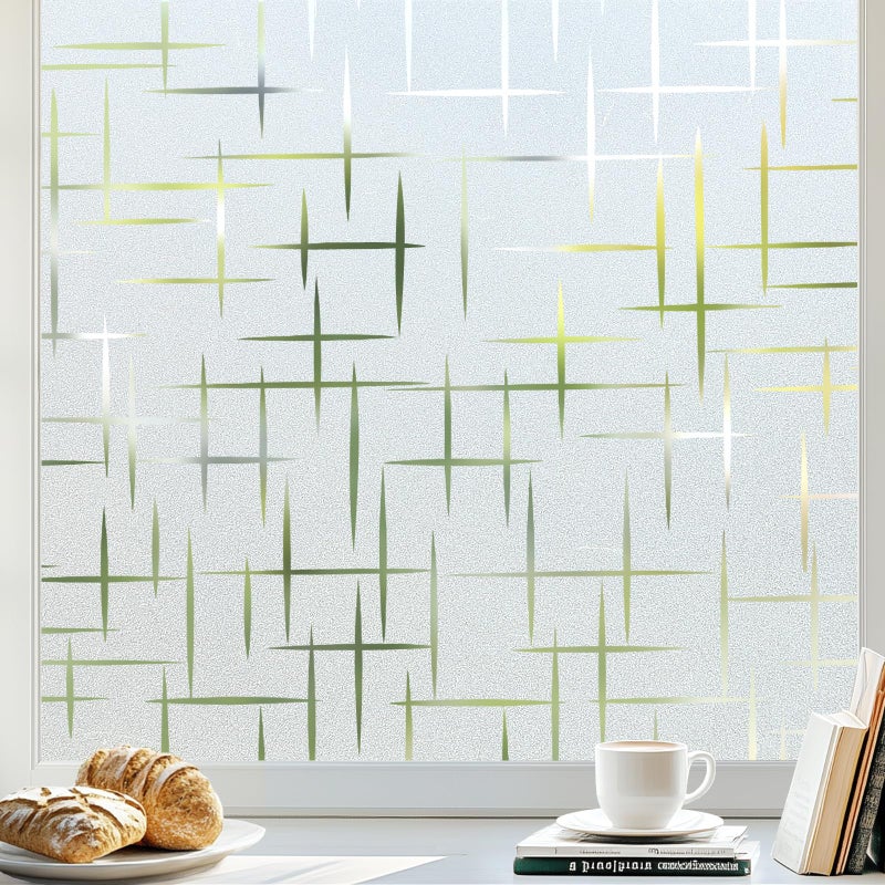 rabbitgoo Window Privacy Film Frosted Glass Window Film, Decorative Privacy Cling, UV Blocking Staic Cling Bathroom Glass Frosting Sticker, Non-Adhesive Front Door Cover, Cross Pattern, 17.5" x 78.7" - Image 1