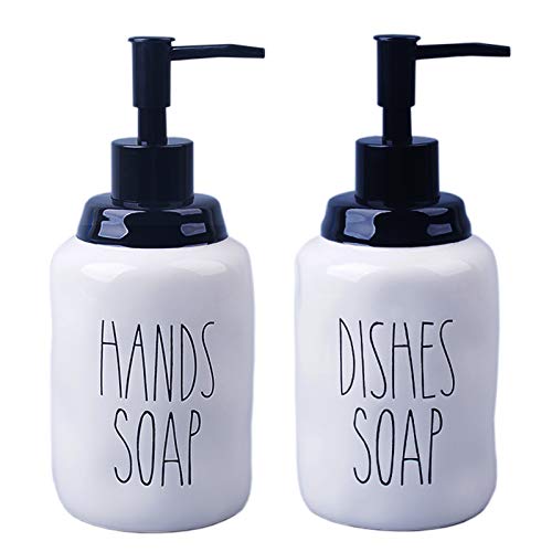 Gails Willing Dishes and Hands Soap Dispenser Set – Farmhouse Style Ceramic Liquid Dispenser Bottles, Perfect for Kitchen Counter or Kitchen Sink Décor (16oz, White Bottles with Black Pump and Lettering) - Image 1