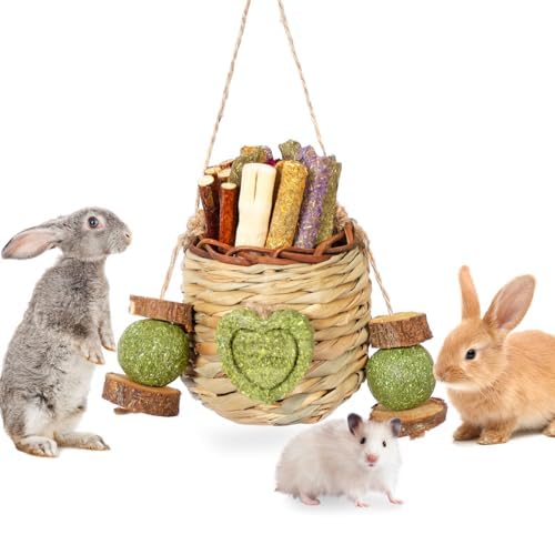 Jorewood Rabbit Chew ToysNatural Hanging Basket with Sweet BambooTimothy HayPeach Sticks for Bunny Chinchillas Guinea Pigs Hamsters Rats Teeth Grinding - Image 1