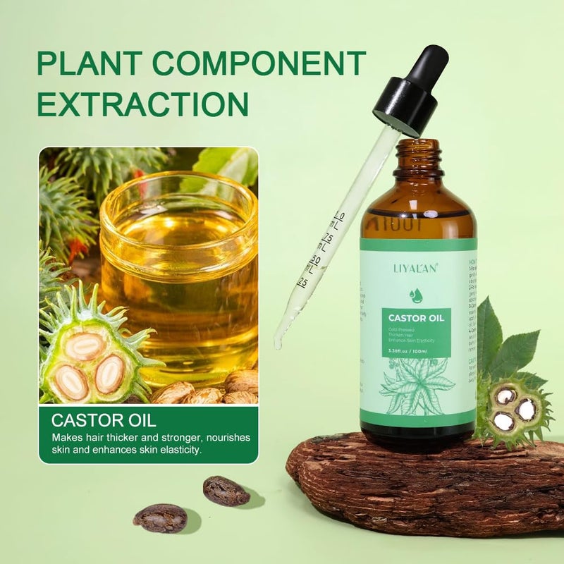 LIYALAN Pure Castor Oil Cold Pressed Unrefined Hair Oil For Thicken Nourish Hair and Scalp,Glass Bottle,For Face Body Massage,Carrier,Skin Care,3.38 fl oz - Image 3
