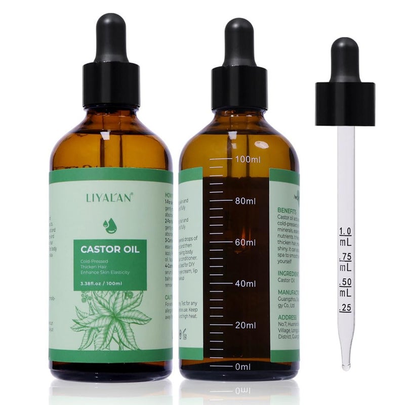 LIYALAN Pure Castor Oil Cold Pressed Unrefined Hair Oil For Thicken Nourish Hair and Scalp,Glass Bottle,For Face Body Massage,Carrier,Skin Care,3.38 fl oz - Image 1
