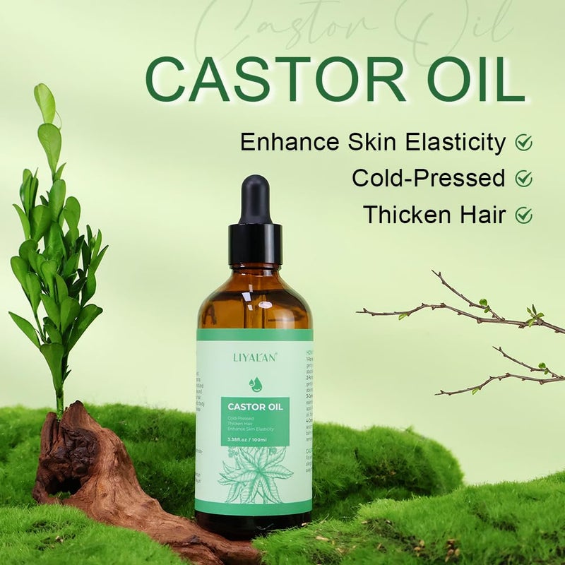 LIYALAN Pure Castor Oil Cold Pressed Unrefined Hair Oil For Thicken Nourish Hair and Scalp,Glass Bottle,For Face Body Massage,Carrier,Skin Care,3.38 fl oz - Image 2