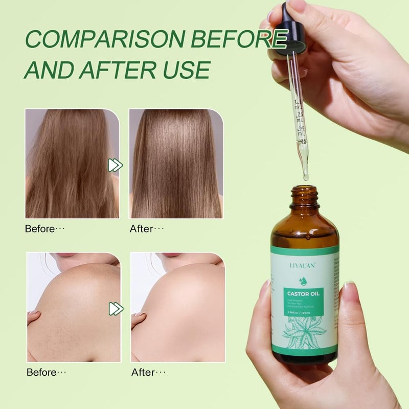 LIYALAN Pure Castor Oil Cold Pressed Unrefined Hair Oil For Thicken Nourish Hair and Scalp,Glass Bottle,For Face Body Massage,Carrier,Skin Care,3.38 fl oz - Image 5