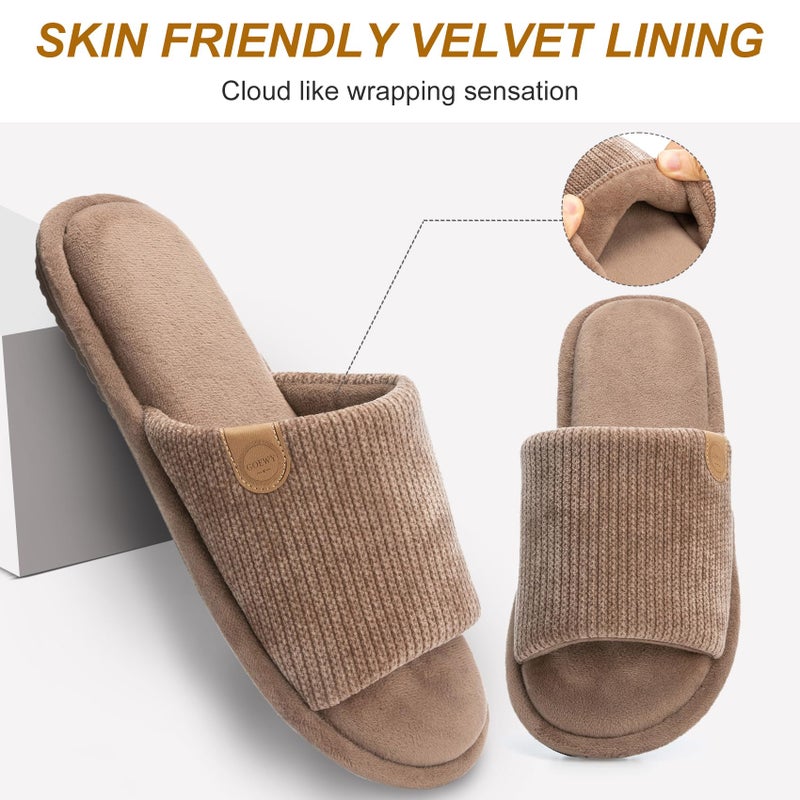 GOEWY Mens Slippers with Memory Foam Gifts House Slippers for Men Indoor Outdoor Slip On Non-Slip Sole Open Toe Cozy Bedroom Slippers Size 9 10 Brown - Image 4